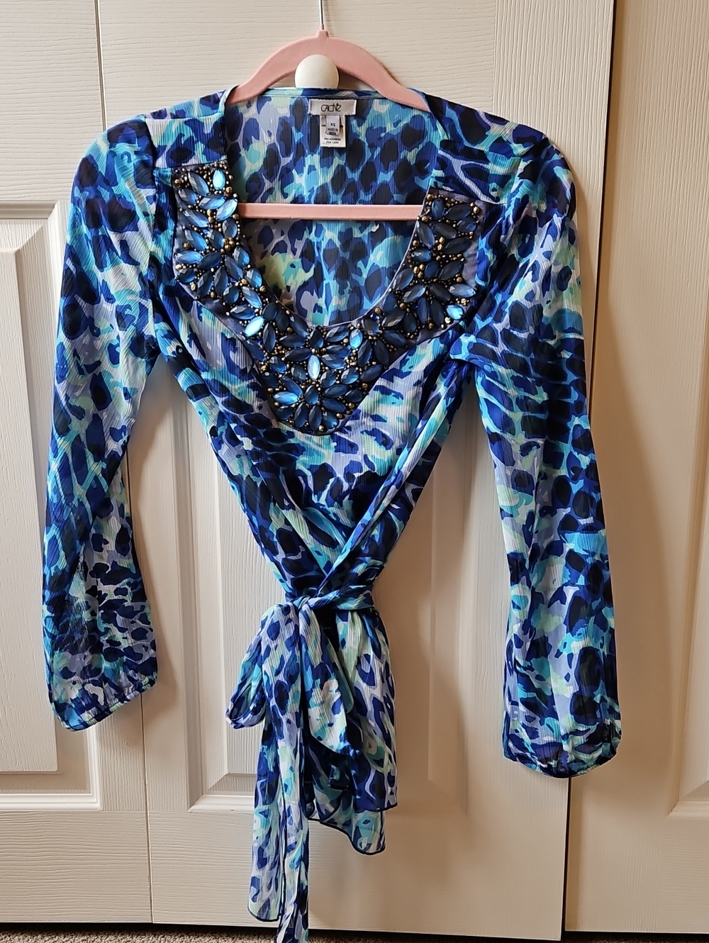 Vintage Cache Y2K Beaded Watercolor Sheer Top Blouse Blue Size XSmall VGUC